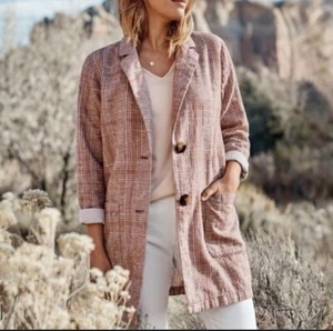 J. Jill Harper Henna Oversized Relaxed Fit-Linen/Cotton-M-Boyfriend Blazer-Plaid - Picture 1 of 6