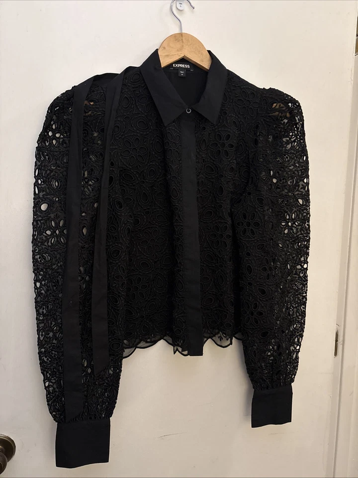 Blusa Top Express Para Mujer de Encaje Manga Abullonada en Negro Talla M Nueva Sin Etiquetas Foto 1 de 4