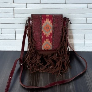 "Bolso Bandolera Western Vaquera Bohemio Hippie Azteca Cuero Toulado 9x7"" con Flecos" - Imagen 1 de 10
