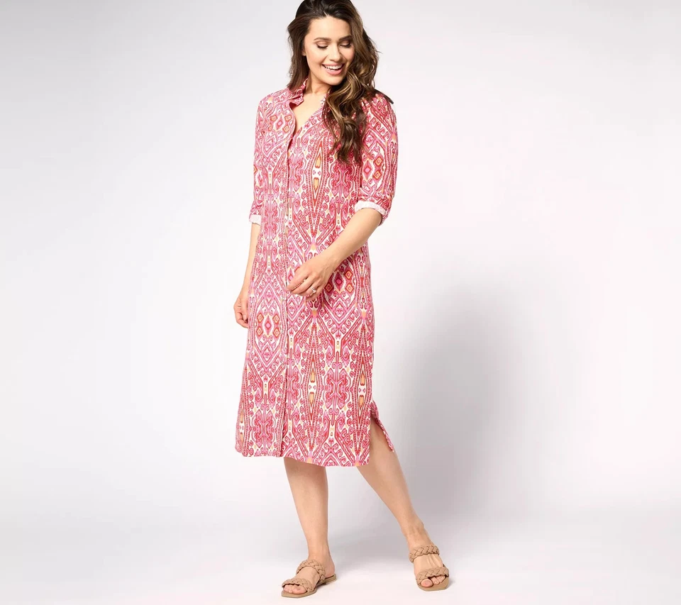 Denim & Co. Canyon Retreat Button Front Messa Shirt Dress Pink Ikat XL New - Image 1 of 1
