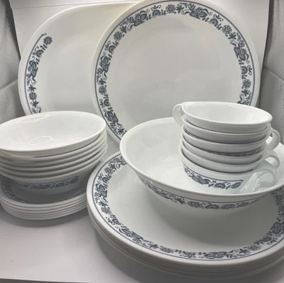 Corelle Old Town/ Blue Onion 28 PC Dinnerware +Serving Set -1970’s - Image 1 of 4