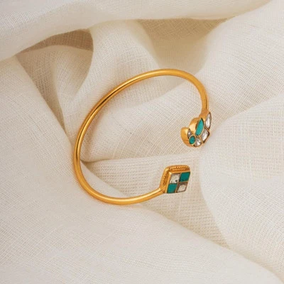 Brazalete de plata 925 chapado en oro de 18 quilates mínimo piedra verde Polki Foto 1 de 4