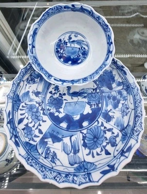 Antigua taza china Kangxi azul y blanca con platillo siglo XVIII Foto 1 de 4