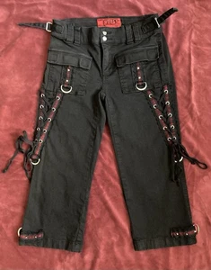 Tripp NYC Black  Capri Pants Red Laces Goth Punk VTG Y2K  Size 3 - Picture 1 of 22