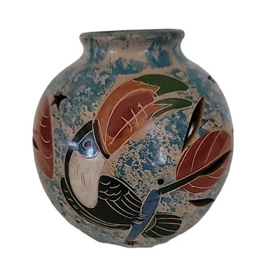 Vintage Tealight Candle Holder Luminary Pottery Hand Painted Hummingbird Flower - Image 1 of 4