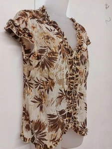 Blusa Per Una Damas 14 Marrón Dorado Multi Leopardo Manga Corta Volantes Cuello en V - Imagen 1 de 9