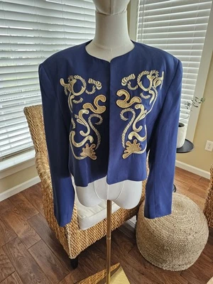 Blazer Mondi Vintage Azul Dourado Bordado Cropped Feminino Tamanho 44 Náutico - Imagem 1 de 4