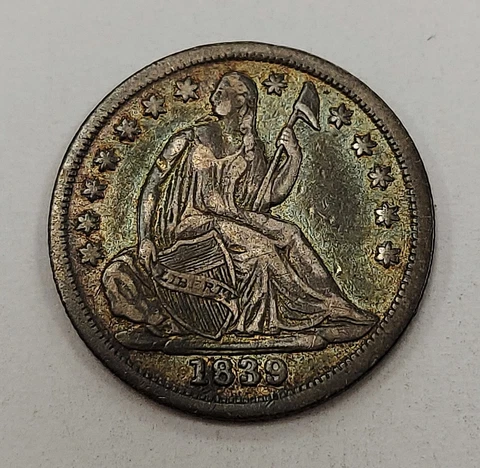 1839 Seated Liberty Half Dime No Drapery Grading NICE XF Pretty Rainbow Toning Cover