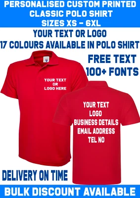 Personalised Custom Printed Classic Polo Shirt your text logo unisex workwear