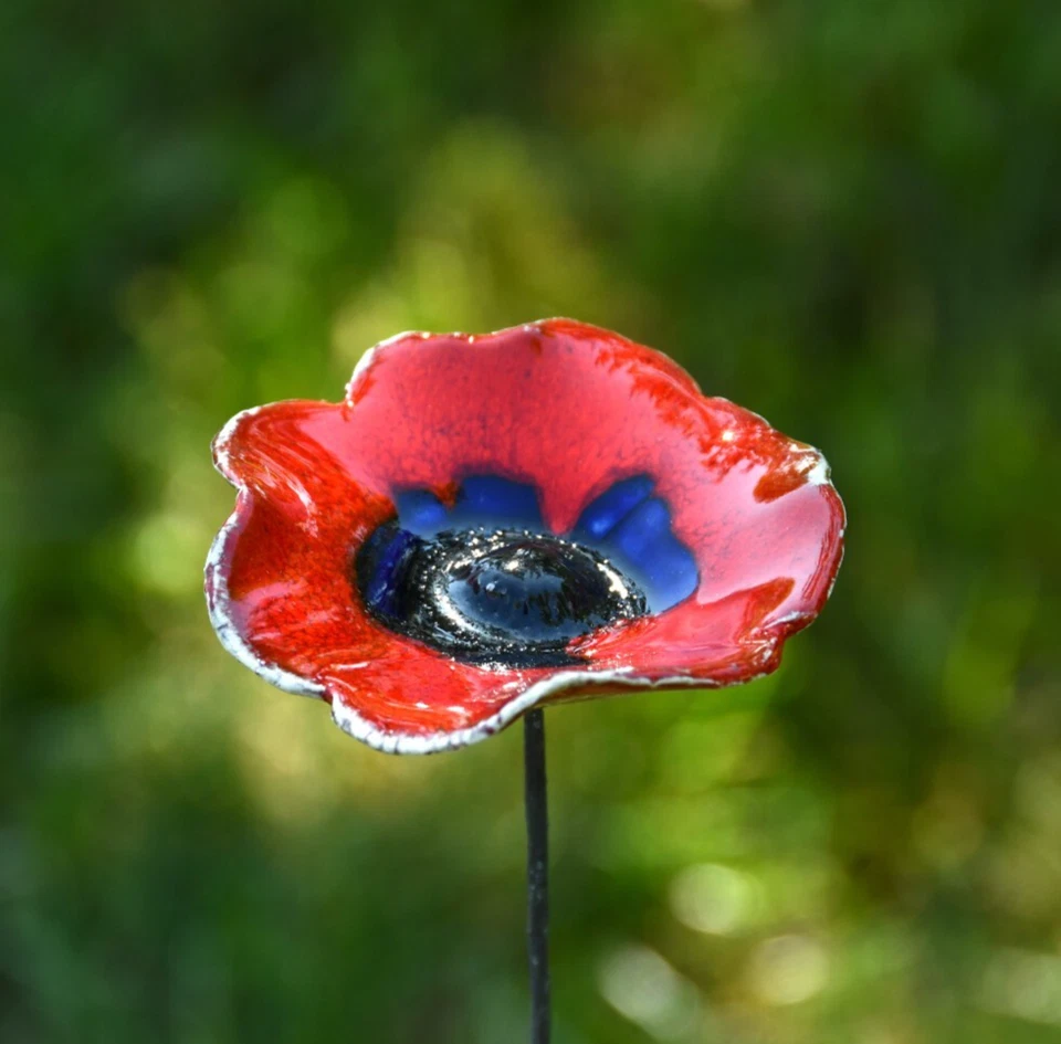 Keramik Gartendeko Mohnblume Gartenstecker Blumenstab H45cm Midene Handgefertigt - Bild 1 von 4