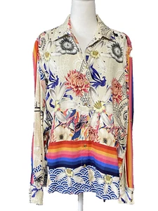 Vilagallo Womens Shirt Size Large Beige Floral Satin Button Up Boho Portugal - Picture 1 of 11
