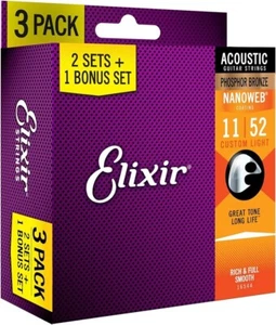 *3 SETS ELIXIR 16027 NANOWEB ACOUSTIC GUITAR STRINGS LIGHT 11-52 PHOSPHOR BRONZE - Picture 1 of 3