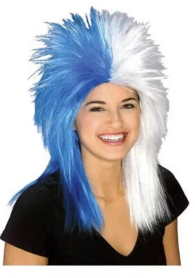 Peluca Disfraz Unisex Adulto Azul y Blanco Deportes Fanático Largo Spikey Estrella de Rock Foto 1 de 4