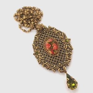 Michal Negrin Necklace Roses Mesh Pendant With Olive Green Swarovski Crystals - Picture 1 of 11