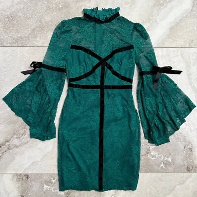 ASOS High Neck Lace Bodycon Mini Dress With Velvet Tape Size 2 - Image 1 of 4