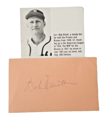Tarjeta de índice firmada por Bob Elliott (d.1966) Piratas Bravos + Ron Kline LA Angeles 1961 Foto 1 de 4