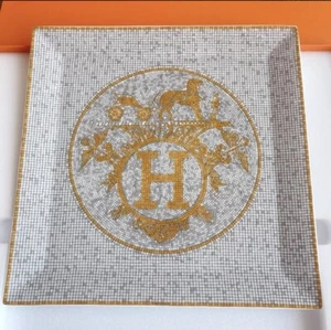 Hermes Square Plate Mosaique Van Cattle Gold Tableware Dish Dessert Auth New Box - Picture 1 of 9