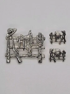 Western Rodeo Earrings & Brooch Set Cowboy Boots Hat Saddle Silver Tone By Best - Picture 1 of 10