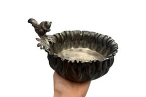 Antique Victorian Silver Nut Bowl Figural Squirrel Oak Leaves Ruffled Rim 1880s - Picture 1 of 7
