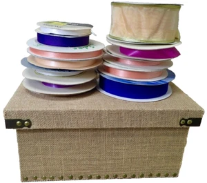 Vintage  Ribbon Lot in Burlap Covered Storage Box - Picture 1 of 14