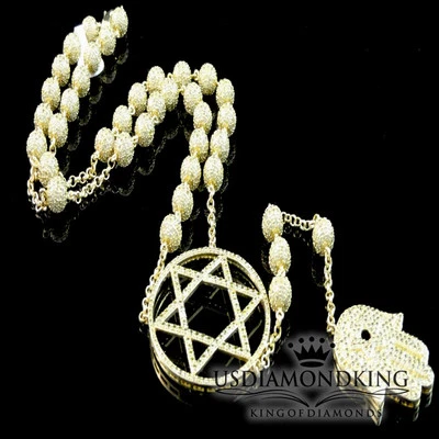 Collar Rosario Cadena Hamsa Estrella 6 Puntos Bola Cuentas Canarias Acabado Oro Amarillo Helado Foto 1 de 4