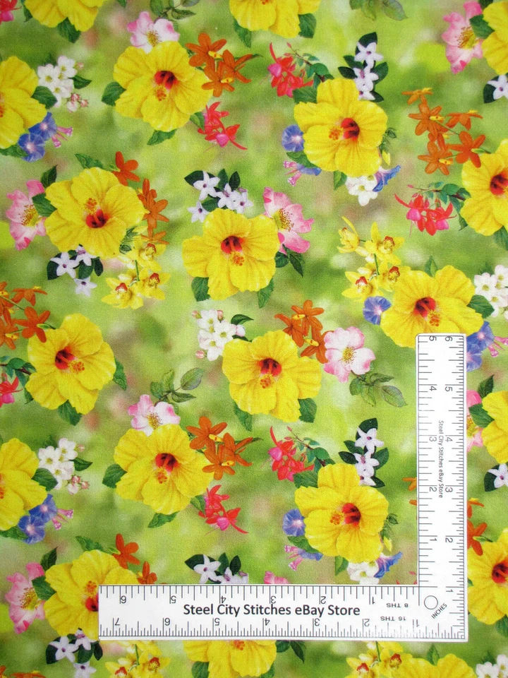 花卉织物黄色花朵绿色蜂鸟花园棉 QT 码 — 第 1/1 张图片