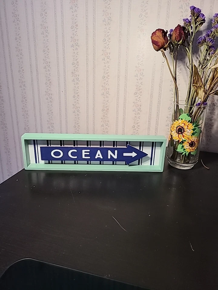 OCEAN Directional Sign Modern Coastal Beach ARROW Blue Mint Vertical Stripes