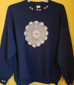 Vtg Jerzees Women's Sz 2XL Crewneck Sweater Crochet, Flower Stitching, Blue, USA - Picture 1 of 11