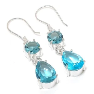 Aqua Aquamarine Gemstone Handmade 925 Sterling Silver Jewelry Earring Size 1.3" - Picture 1 of 1