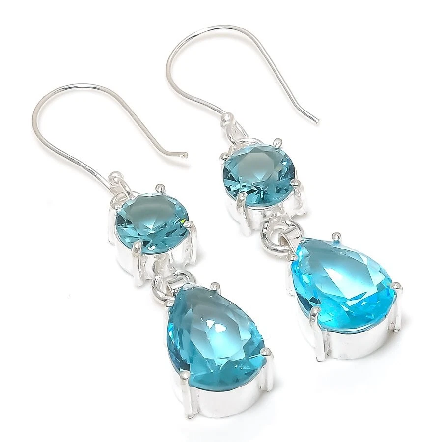 Aqua Aquamarine Gemstone Handmade 925 Sterling Silver Jewelry Earring Size 1.3" - Image 1 of 1