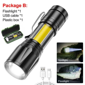 LED Flashlight Zoomable Camping Hiking Torch USB Rechargeable Mini COB Work Lamp - Picture 1 of 9