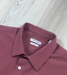 Haggar Performance Dress Shirt Mens 17 - 17 1/2 34/35 Red Mini Check Stretch - Picture 1 of 10