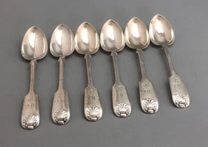 Antique Fiddle & Shell Silver Teaspoons W R Sobey Exeter 1842 153g ILZX - Picture 1 of 6