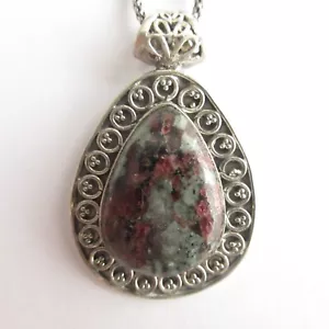 Collar de plata colgante de cabujón de turmalina rosa crudo cadena de palomitas de maíz fino 925 - Imagen 1 de 11