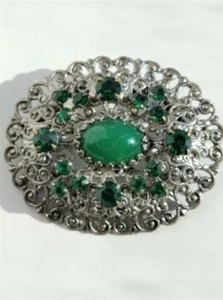 Beautiful Bohemia Brooch Stone Green Crystals Czech Vintage Pins  filigree Rare - Picture 1 of 3