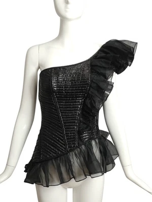 PENNY GREEN- 1980s Black Quilted Ruffle Bustier, Size 6 - Image 1 of 4