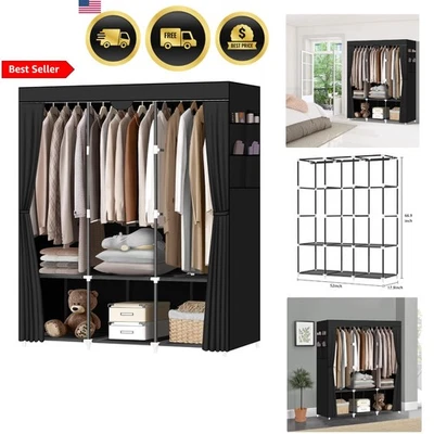 Portable Closet Wardrobe with 3 Hanging Rods 6 Shelves and Side Pockets Black - Image 1 of 4