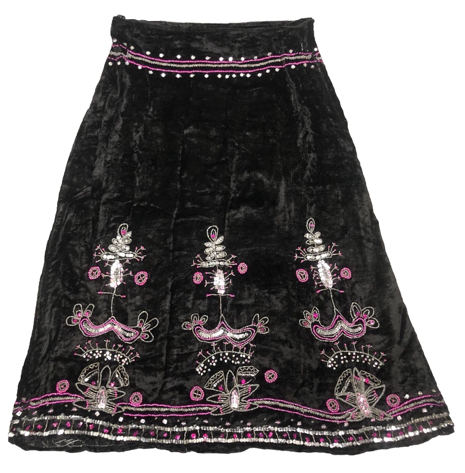 Mezcla Nouveau Falda 10 Negro Terciopelo Midi Cuentas Lentejuelas Boho Hippie Western *defecto Foto 1 de 4