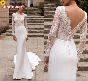 Sexy Mermaid Wedding Dresses Scoop Neck Long Sleeves Lace Appliques Bridal Gowns - Picture 1 of 10