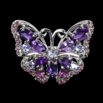 925 纯银戒指 椭圆形 紫水晶 6x4 毫米 坦桑石 宝石 珠宝 尺寸 9 — 第 1/4 张图片