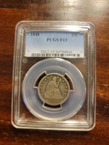 1848 Liberty Seated 25c - PCGS F12 - Rare KEY Date ONLY 146,000 MINTED Cover