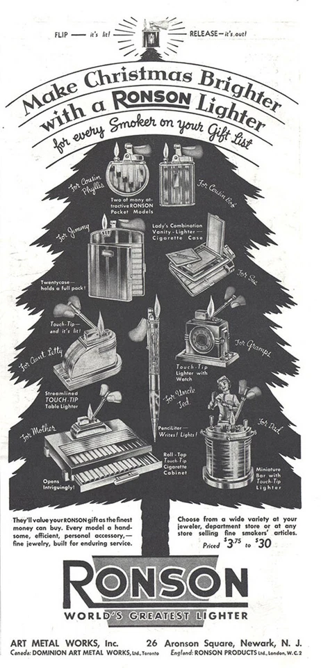 Encendedor Ronson 1937: hacer anuncio impreso vintage más brillante de Navidad Foto 1 de 1