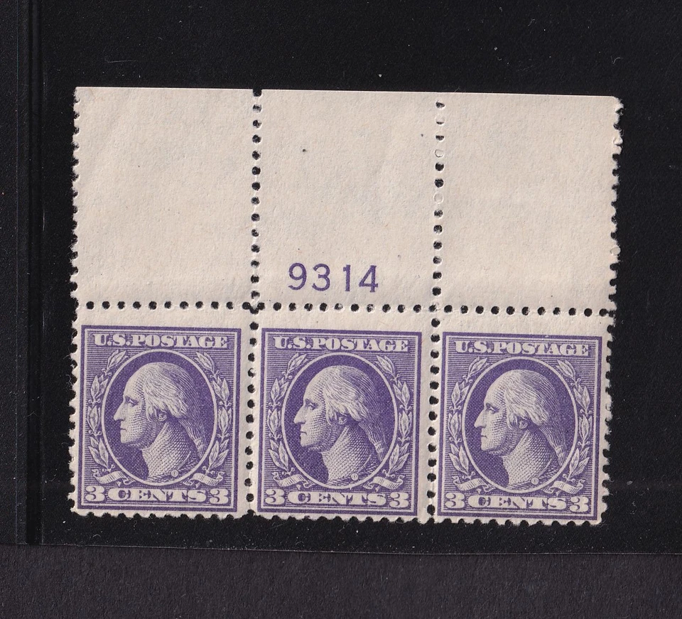 1918 Sc 530 3c purple MNH OG plate number strip of 3 (plate block CV $55) (B9 - Image 1 of 1