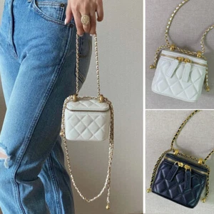 Quilted Lambskin Leather Vanity Case Adjustable Chain Crossbody Box Bag Purse - Picture 1 of 24