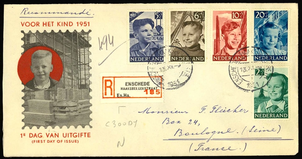 Netherlands #B229-B233 Registered FDC Child Welfare 13.XI.51 to France - Image 1 of 1