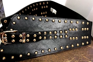 Women's Wide Black/Gold Tone Studs Irregular Shape Belt Stretchy Back M-XL Style - Picture 1 of 12