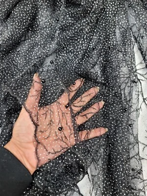 Pearl Embroidery Fabric Black Mesh Silver Glitter Lace Fabric Sold By The Yard  - Image 1 of 4