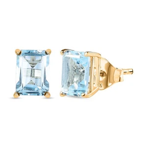 TJC 2.728ct Blue Topaz Stud Earrings in Yellow Gold Over Silver with Push Back