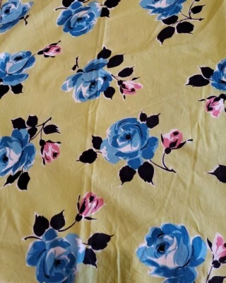 Vintage Sewing Fabric 1940s Preshrunk 26x32" Lime w/Blue Pink Roses Black Cotton - Image 1 of 4