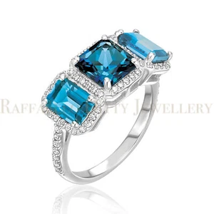 London Blue Topaz & Diamond Ring in 14k Solid White Gold Halo Style 4.23 Carat - Picture 1 of 11